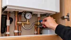 hand adjusting the water inlet on the underneath of a boiler