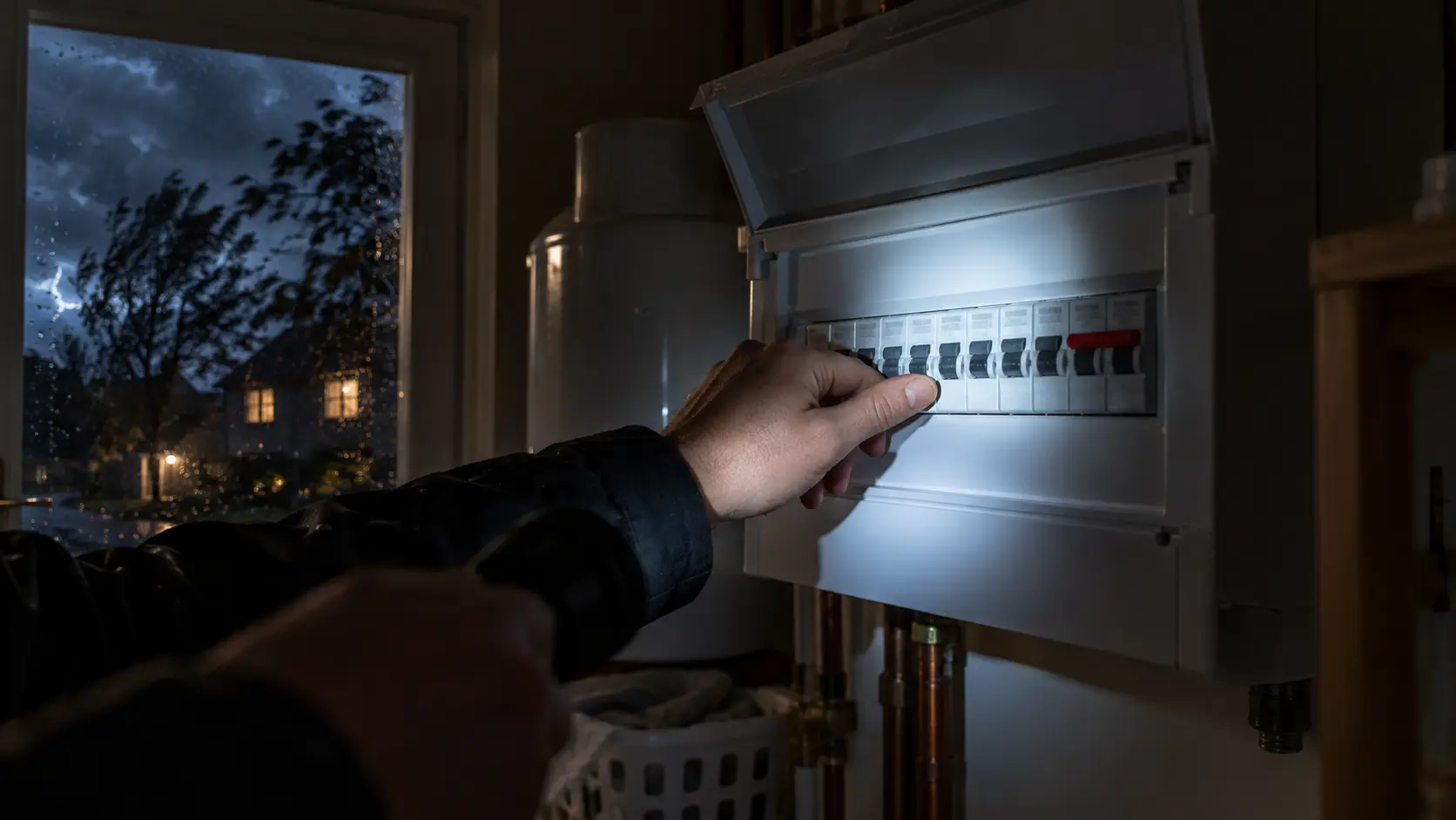 Hand resetting a tripped circuit breaker on a consumer unit by torchlight in a utility room during a power cut