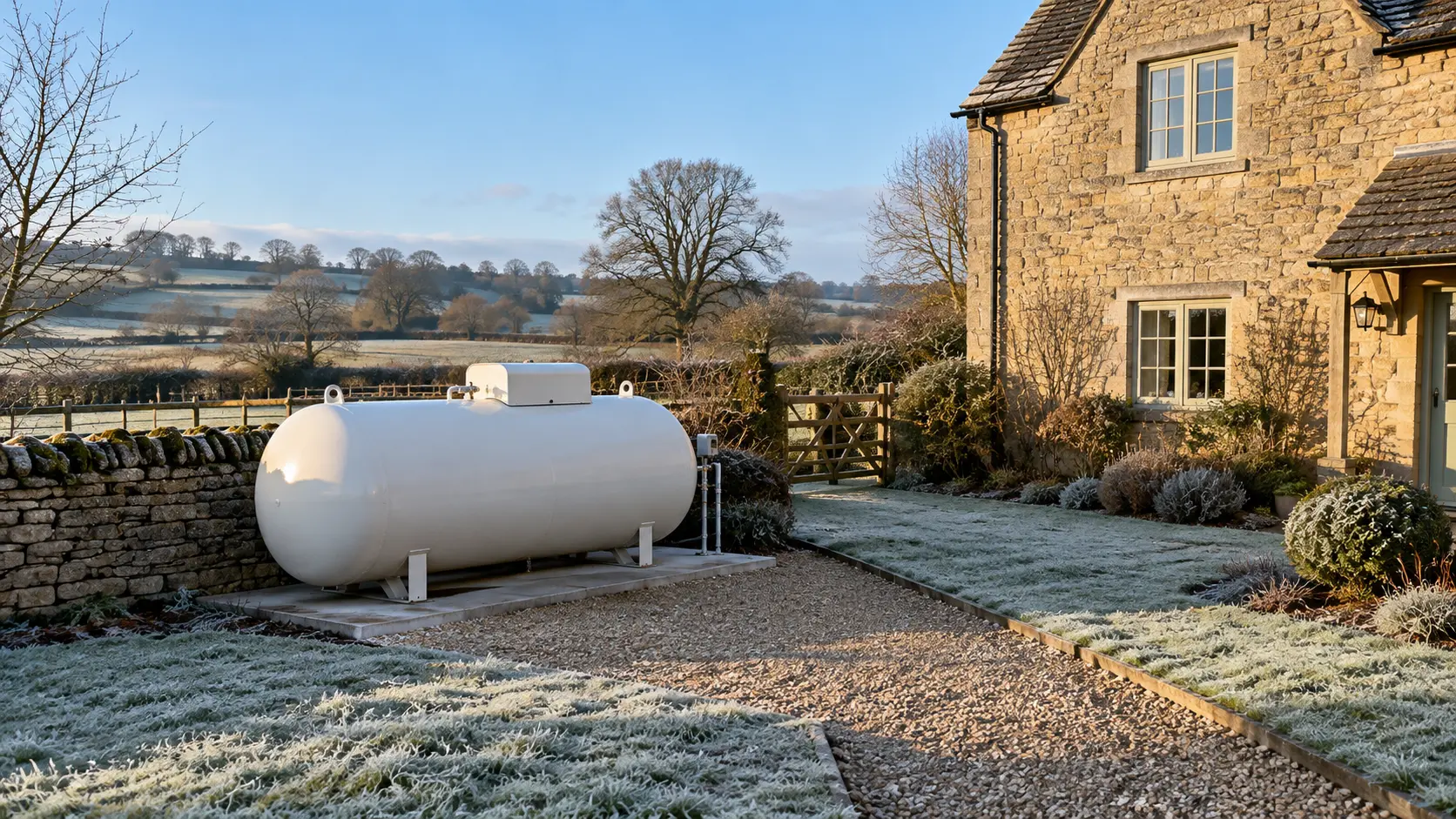 White bulk LPG tank beside a stone farmhouse in rural Oxfordshire on a frosty winter morning with a clear gravel path to the tank