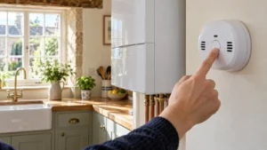 Finger pressing the test button on a white carbon monoxide alarm fitted near a wall-hung boiler in a bright cottage kitchen