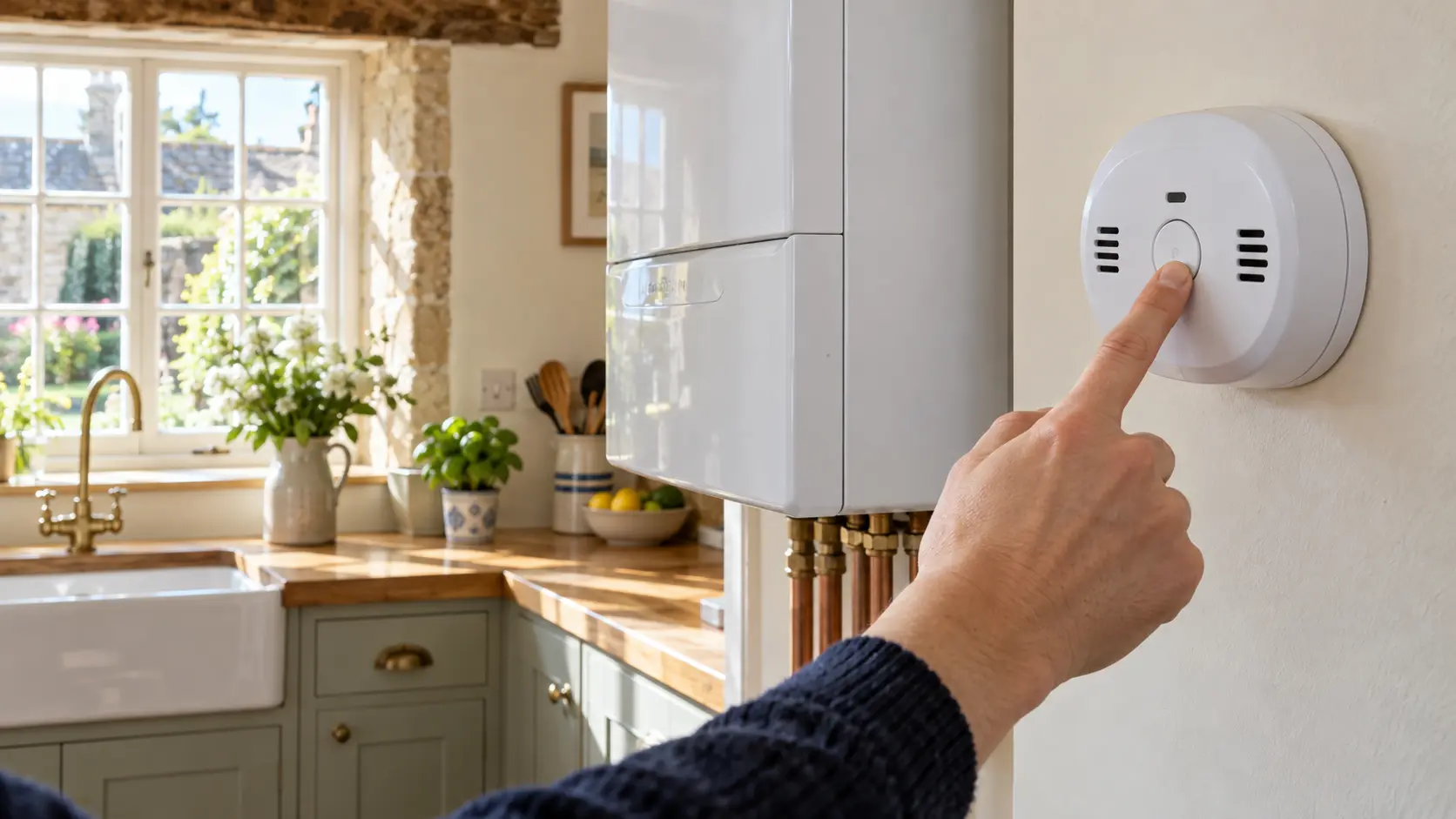 Finger pressing the test button on a white carbon monoxide alarm fitted near a wall-hung boiler in a bright cottage kitchen