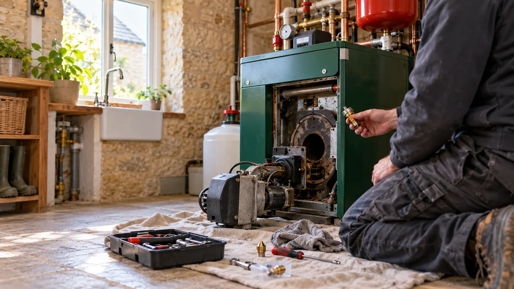 floor standing oil boiler with the cover off